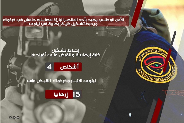 الاطاحة بأحد العناصر البارزة لداعش في كركوك واحباط تشكيل خلية إرهابية في نينوى